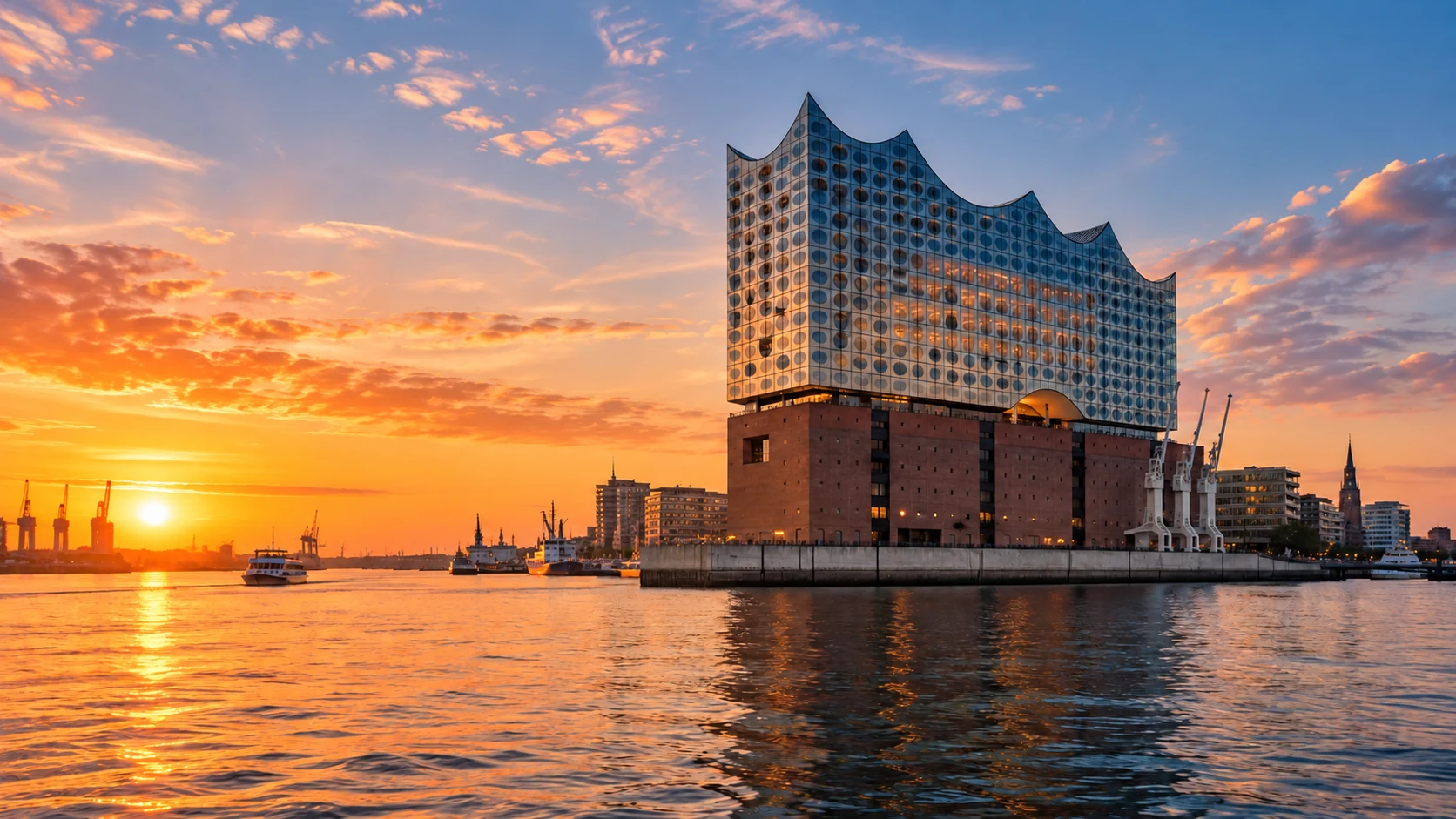 Hamburger Hafen mit Elbphilharmonie bei Sonnenuntergang